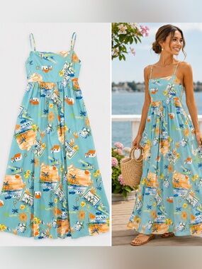 MEET ME IN SANTORINI - Sleeveless Tropical Blue Maxi Dress NWT